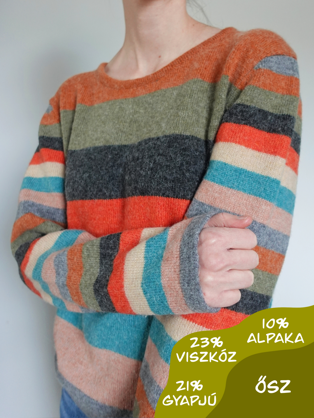 Színes csíkos alpaka-gyapjú keverék pulcsi